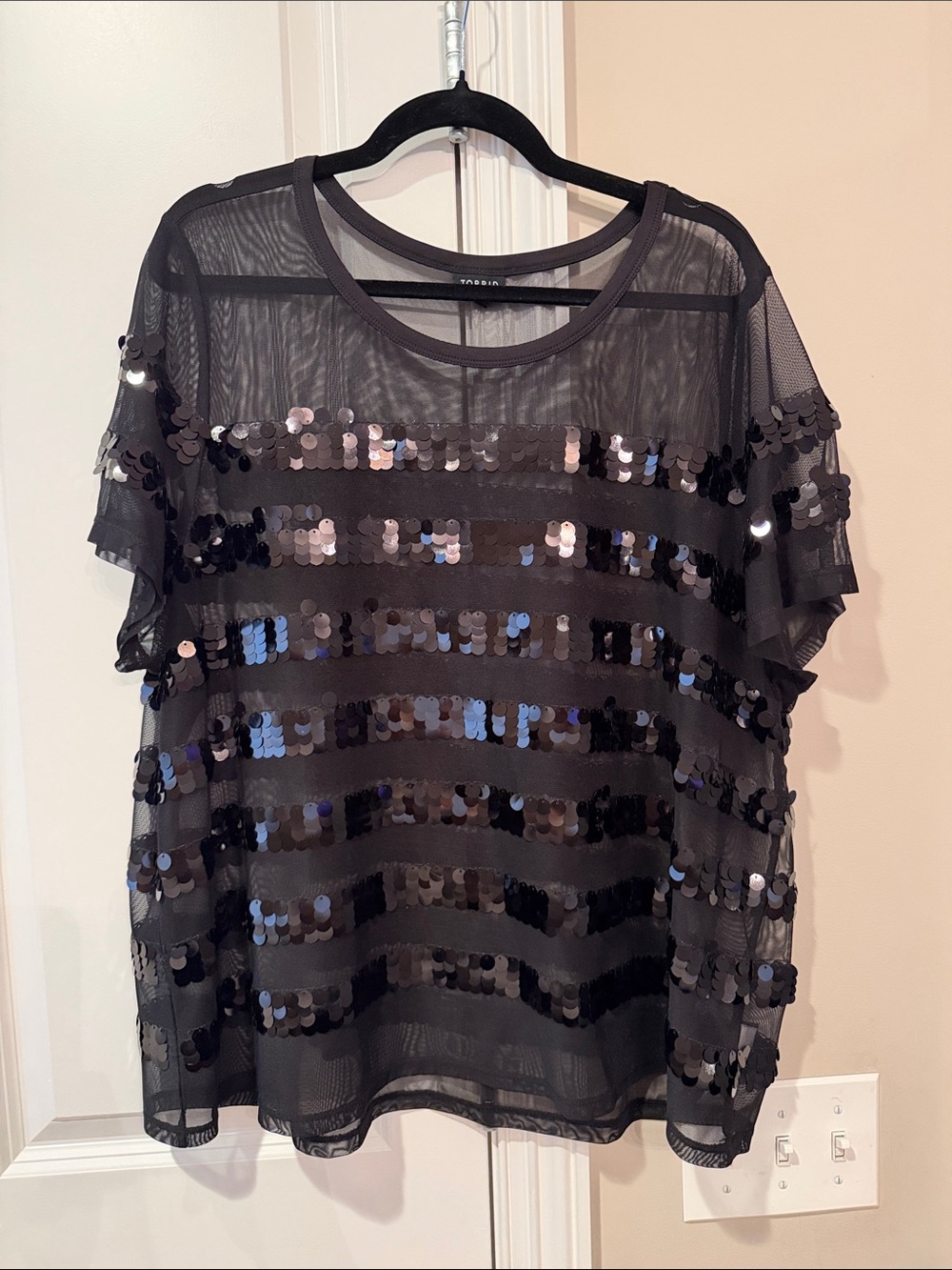 torrid Sheer Black Sequin Stripe Short Sleeve Top